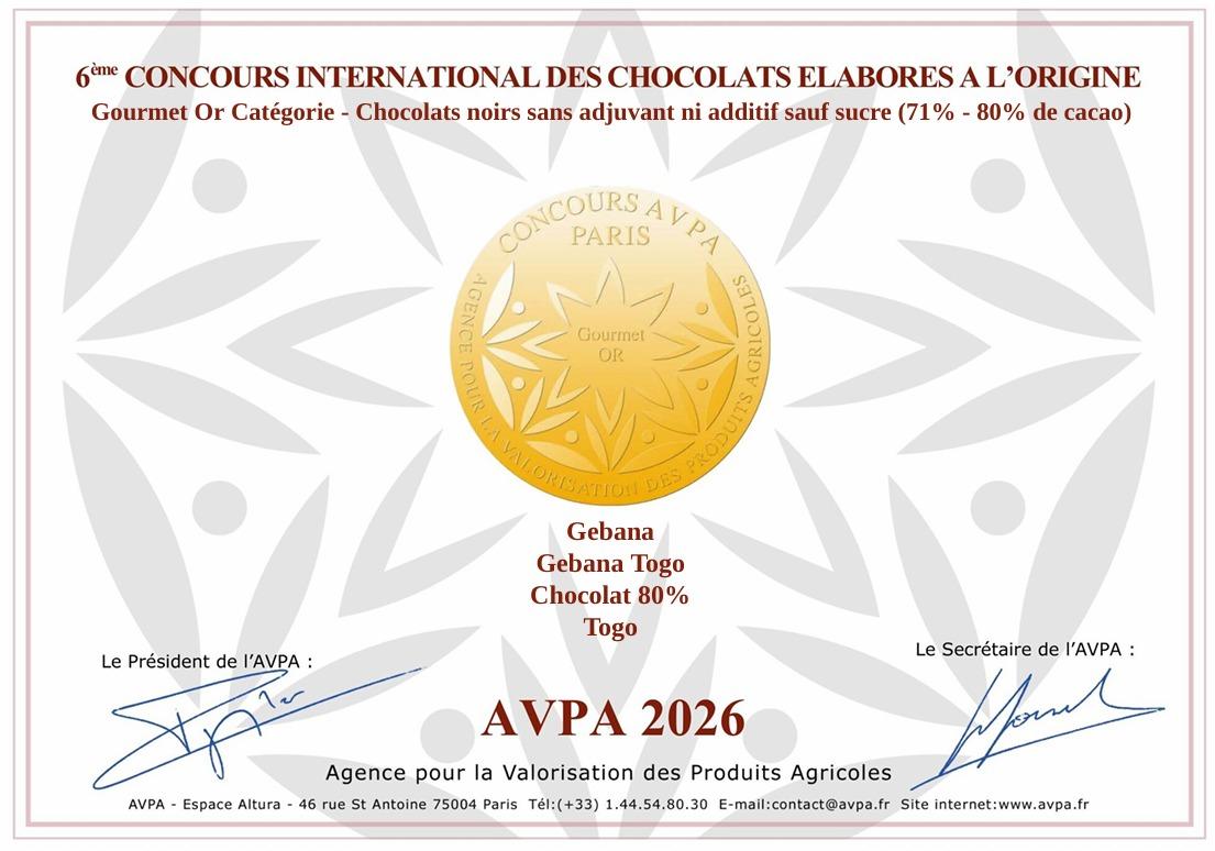 Certificat de la médaille d'or décernée au chocolat du Togo